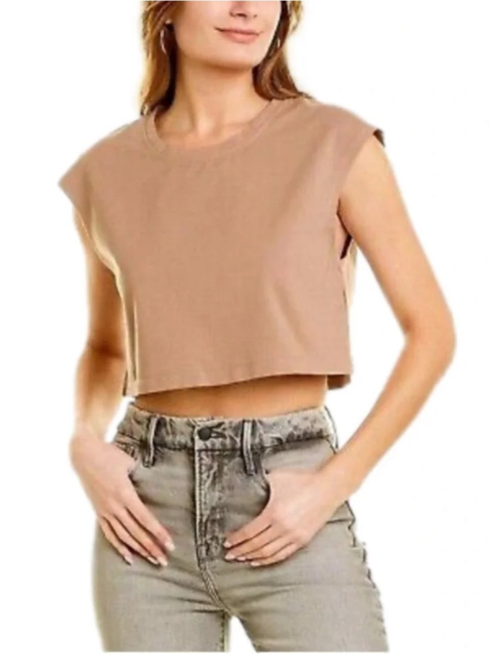 Good American Essential Tan Cropped Shoulder Tee Small